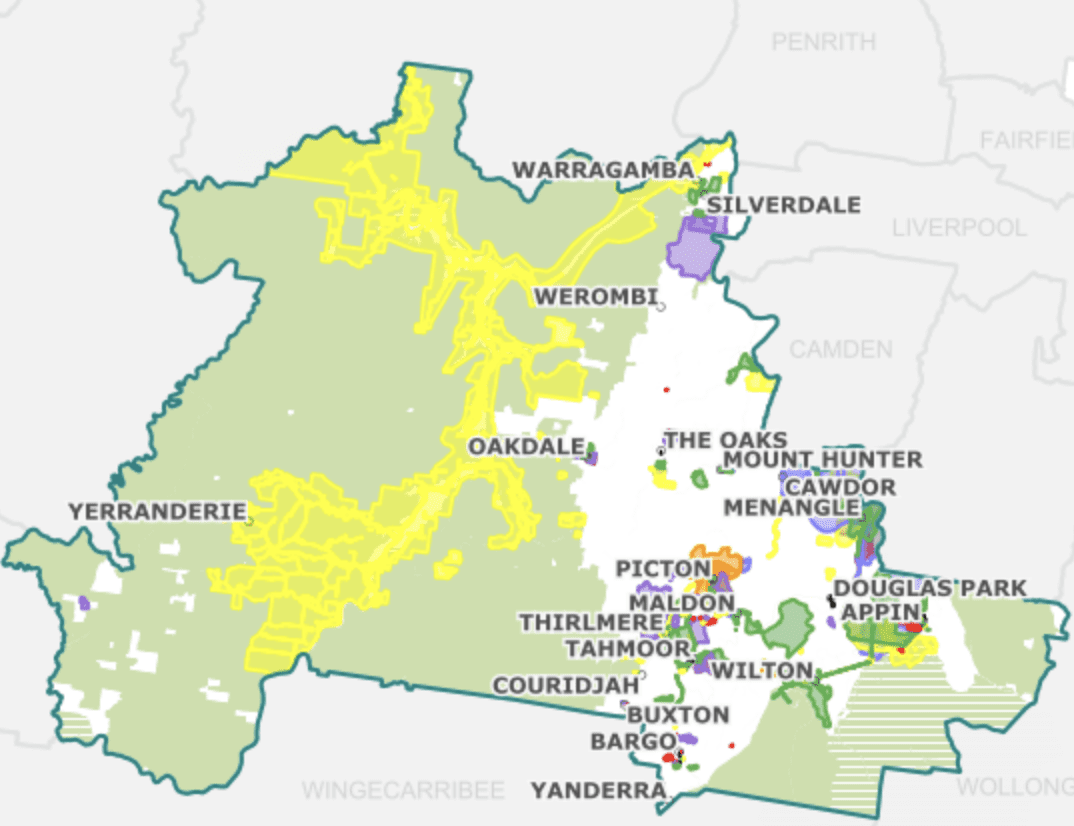 Map of Wollondilly showing major towns including Bargo, Douglas Park, Picton and Warragamba